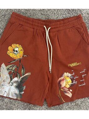 Almost Someday Lounge Shorts‎ Men's Large Orange Graphic Print 8" Drawstring NEW